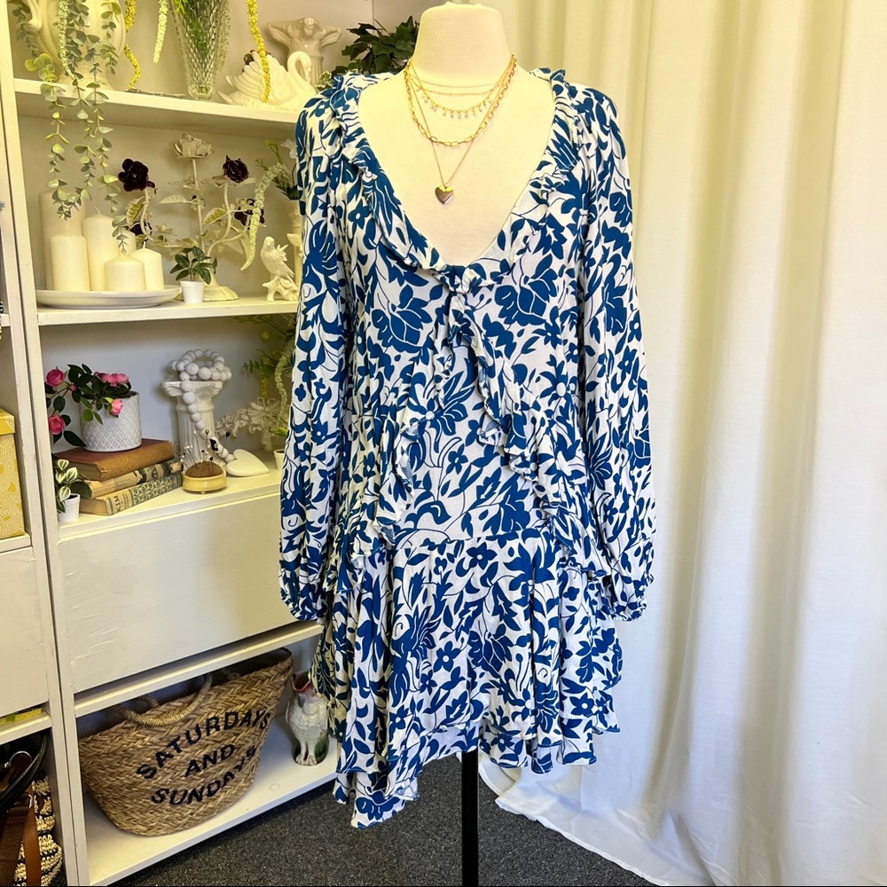 Free People Blue and White Patterned Ruffled Tunic Dress